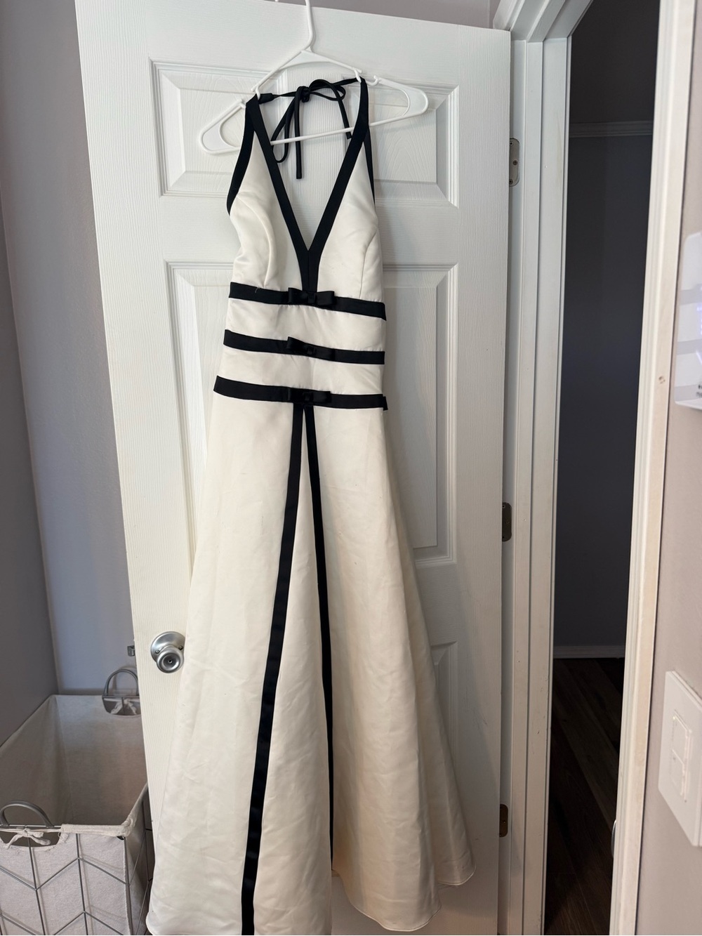 Vintage Scott McClintock Ivory Halter Prom Gown with Black Trim